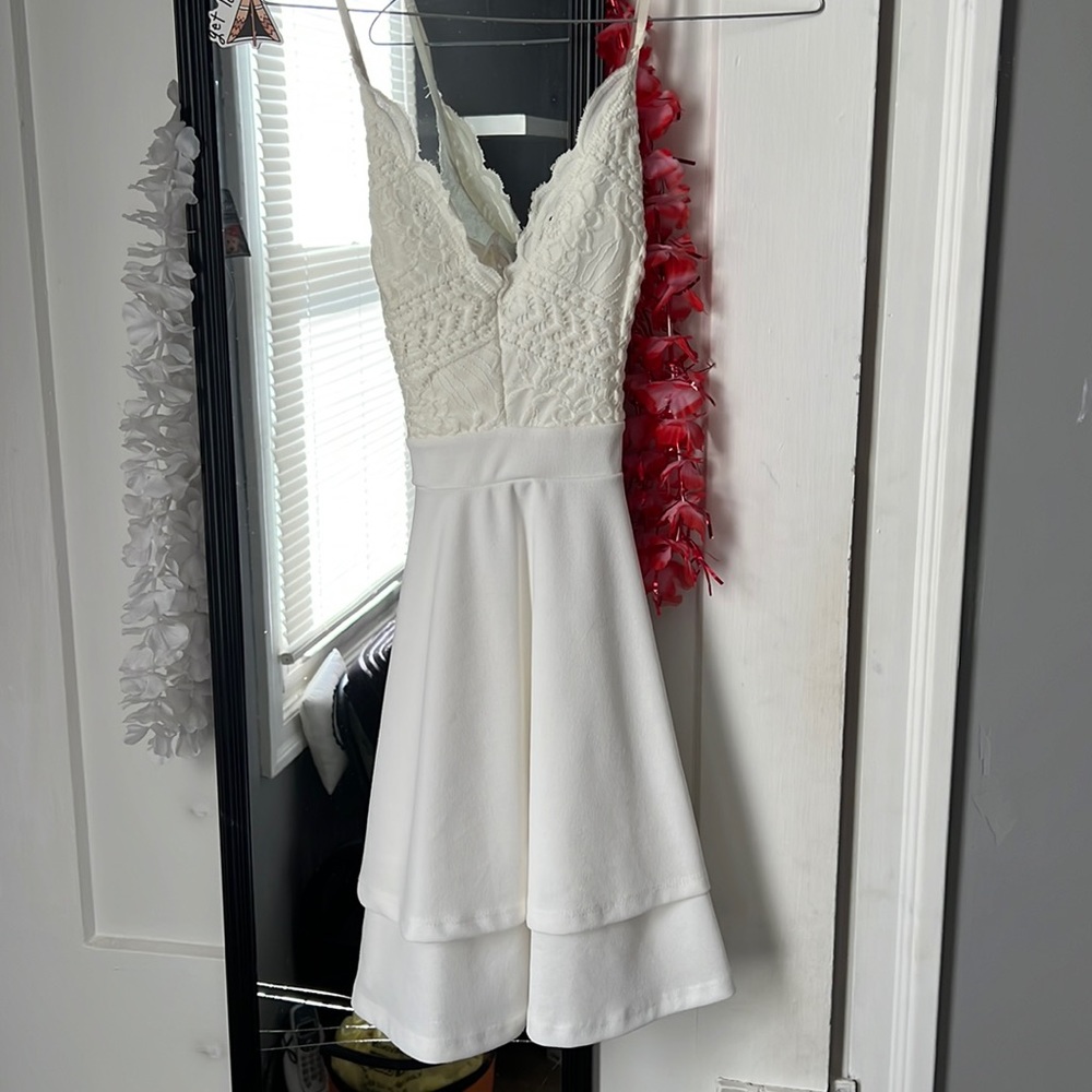 WORN ONCE! White Dress wore for GRADUATION! Flowy, white lace top! comfortable